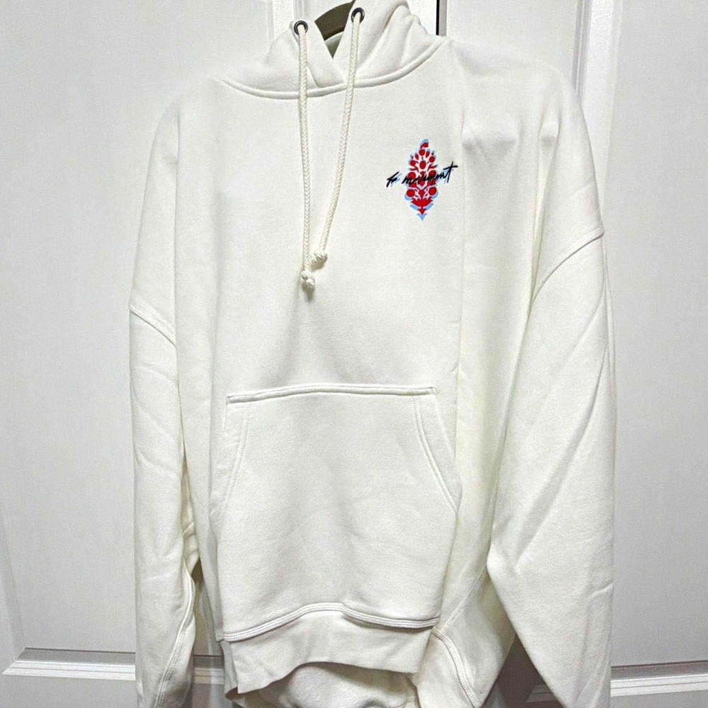 Free People   White Graphic Logo Pullover Fleece Hoodie Sweatshirt Size L